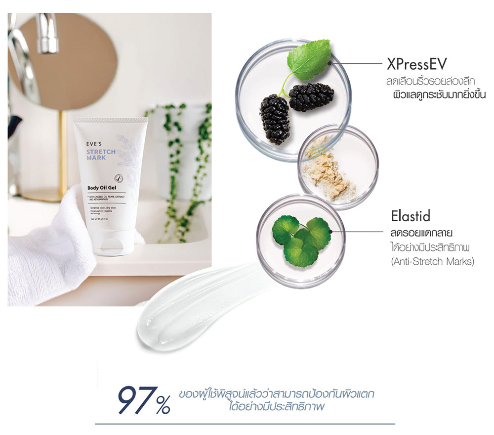 STRETCH MARK BODY OIL GEL อีฟส์ สเทรช มาร์ค บอดี้ ออยล์ เจล ลดเลือนรอยแตกลาย บำรุงผิวเนียนนุ่ม คืนความชุ่มชื้นให้ผิว